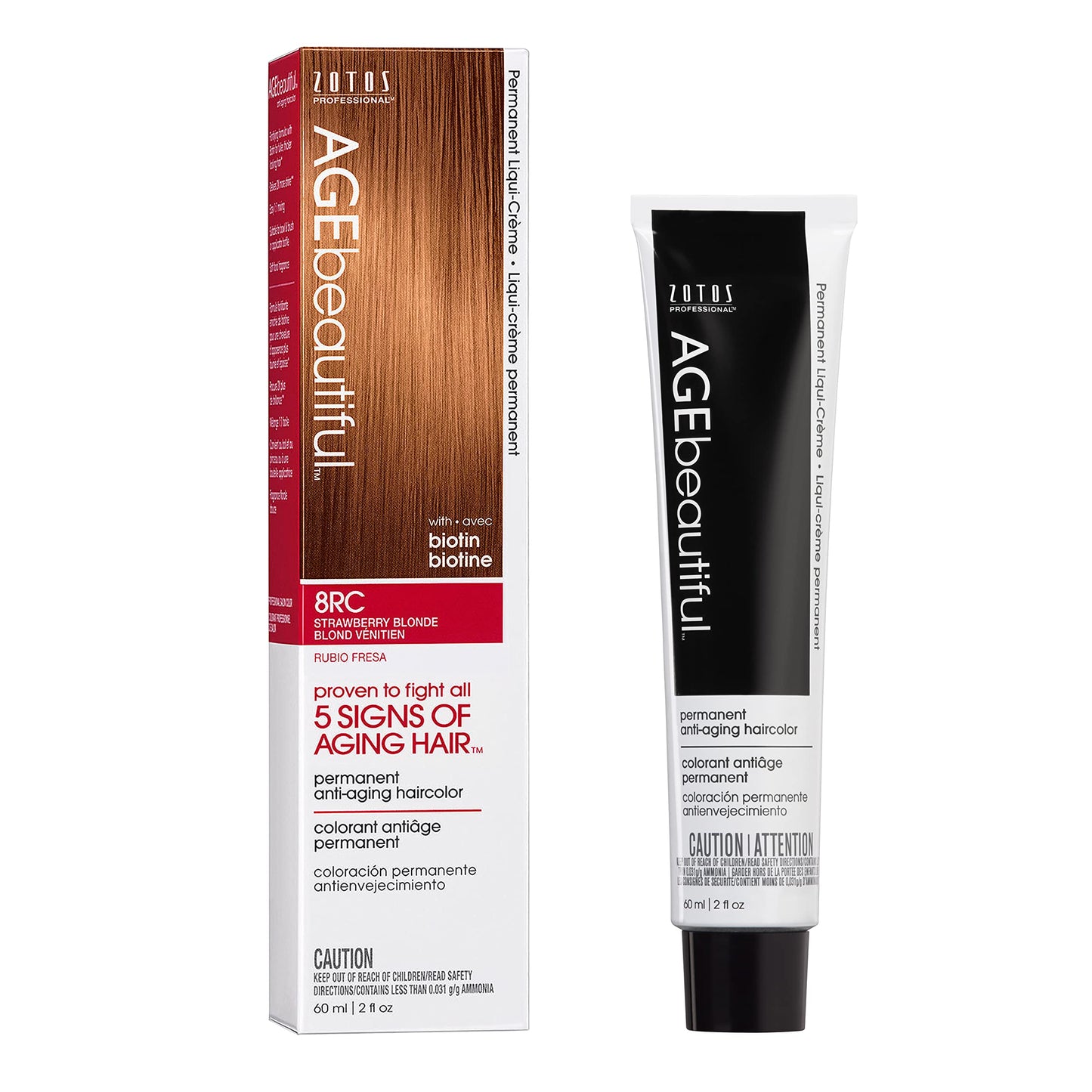 AGE beautiful Permanent Hair Dye 8RC Strawberry Blonde - Strawberry Blonde/Copper Blonde Hair Color Cream with 100% Gray Coverage, Anti-Aging Biotin Formula for Thicker, Fuller Hair, Salon Quality