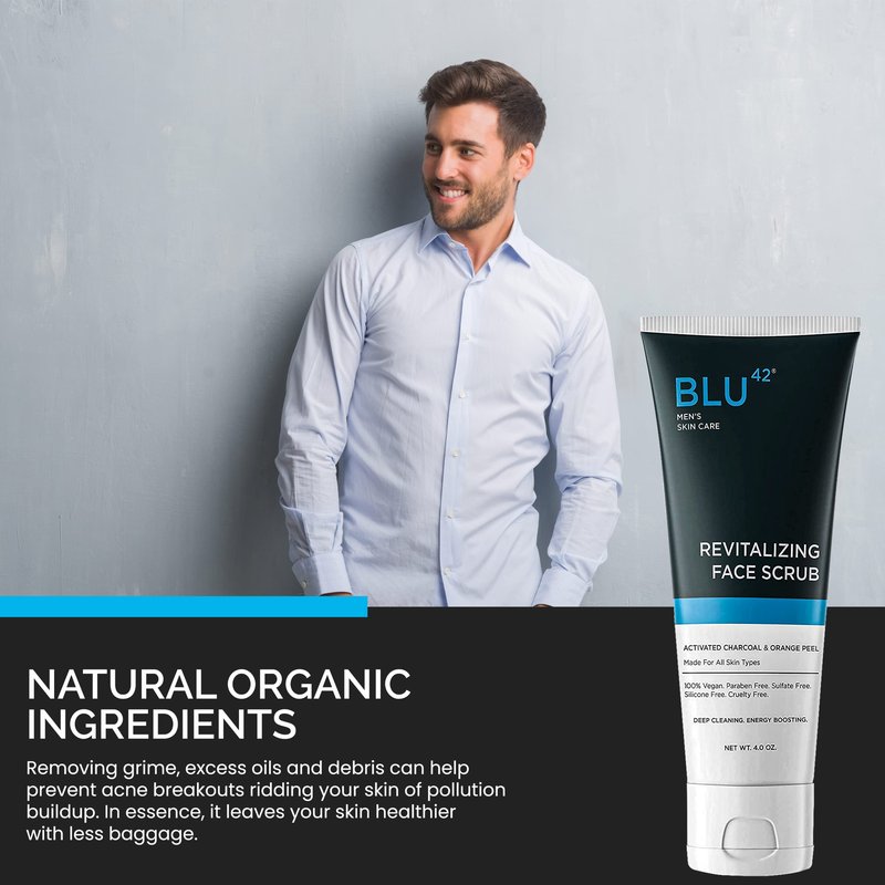 Face Scrub for Men by Blu42 – Exfoliating Facial Cleanser with Natural Ingredients – Deep Clean for Oily & Acne-Prone Skin – 4 oz
