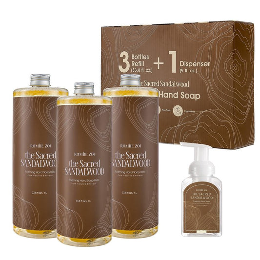 ROMIIE ZOI Foaming Hand Soap Refill Gift Set-3 Pack with Dispenser, Cruelty-Free and Biodegradable Formula, Moisturizing with Essential Oil for Sensitive Skin,Sandalwood Scent,(33.8 Fl Oz x 3)