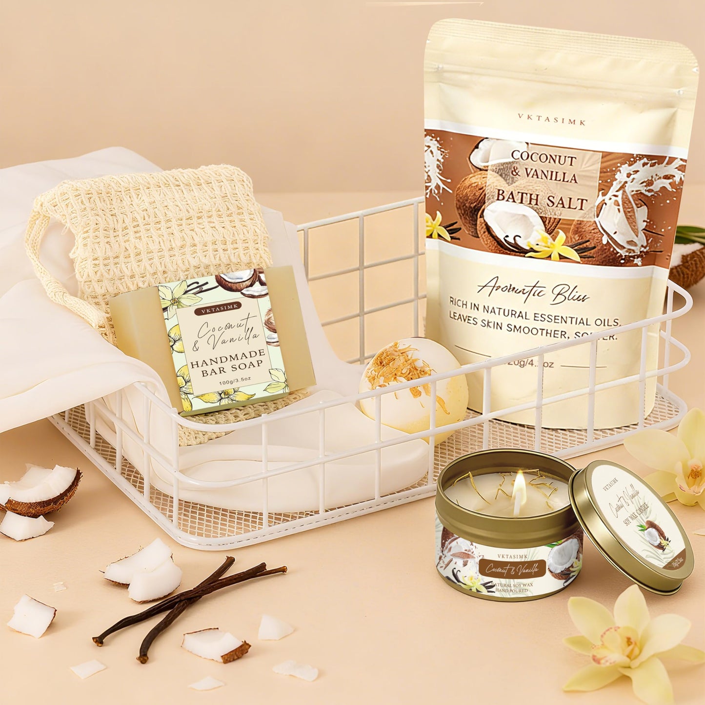 Gifts for Women Happy Birthday Gift Baskets, Bath and Body Gift Set Mothers Day Gifts, Vanilla Coconut Relaxing Home Spa Set Self Care Gift for Mom Sister Her Wife Grandma Girlfriend Friends