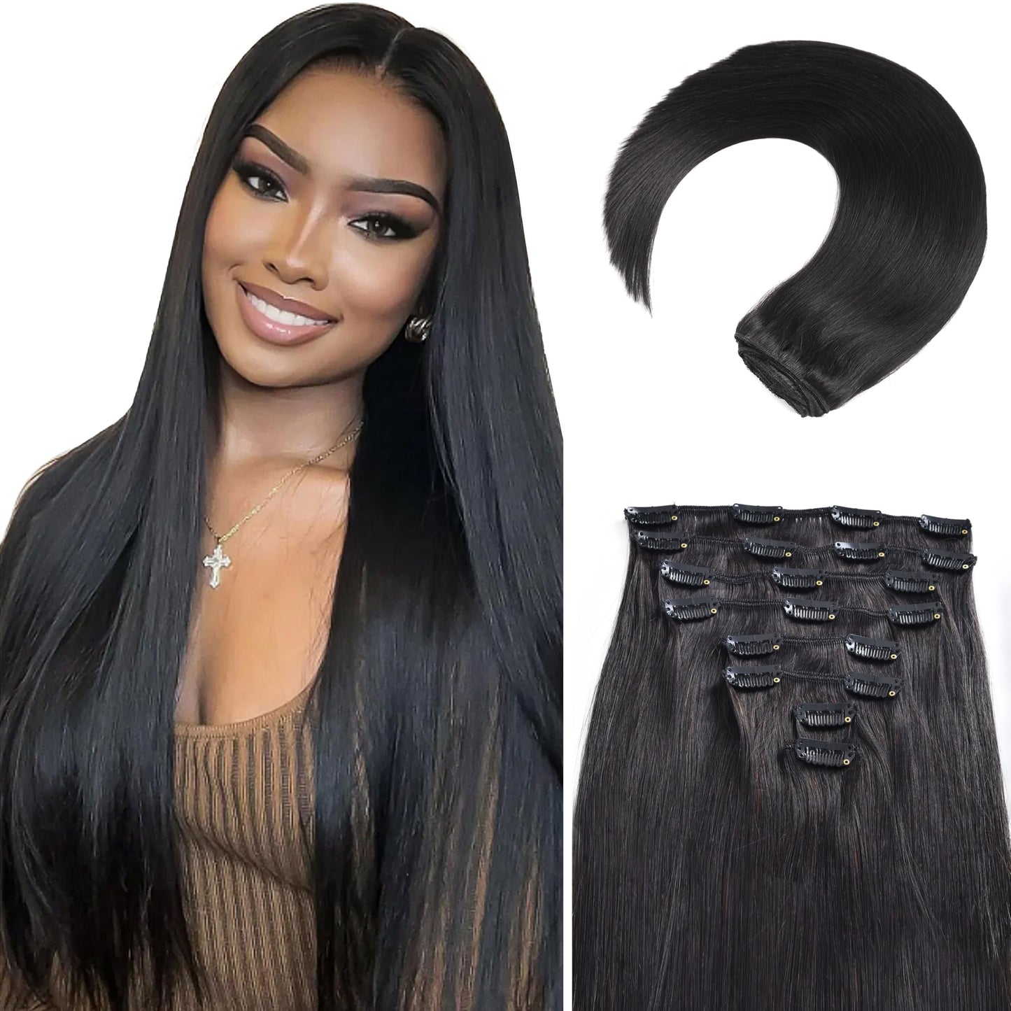 MEYOFUN Dark Brown Clip in Hair Extensions, 14 Inch 75g, 2 Dark Brown Hair Extensions Real Human Hair, Invisible Seamless Remy Human Hair Clip Extensions for Women 8pcs Per Set with Double Weft