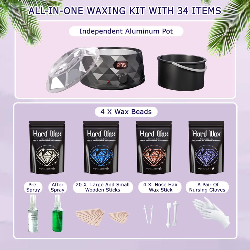 XuenQu Waxing Kit for Women, Wax Warmer, Wax Kit with 4 Packs Hard Wax Beads and Accessories, for Full Body, Legs, Face, Eyebrows, Bikini, Brazilian at Home Waxing Kit for Women Men