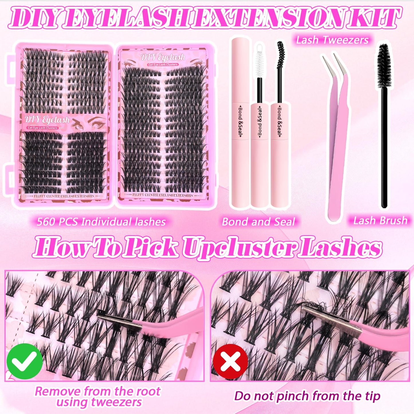 Lash Clusters Kit, Natural 560 Pcs Cluster Eyelash Extensions Kit 9-16mm Individual Lash Extensions Kit D Curl Fluffy Wispy False Eyelashes 40D+60D+80D Kit,With Bond & Seal Tweezers Brush for beginner