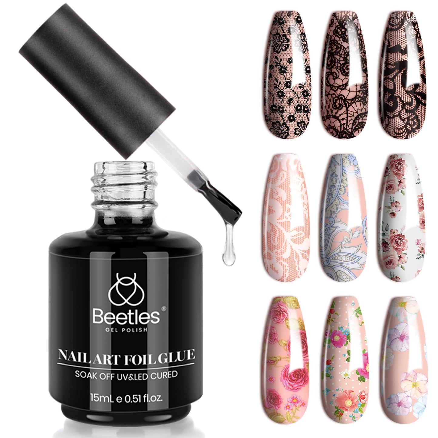 Beetles 15ml Nail Foil Glue, Foil Transfer Gel for Nails, Nail Art Sticker Adhesive Gel Polish, Soak Off, LED Lamp Required, DIY Manicure at Home, Nail Gifts for Women