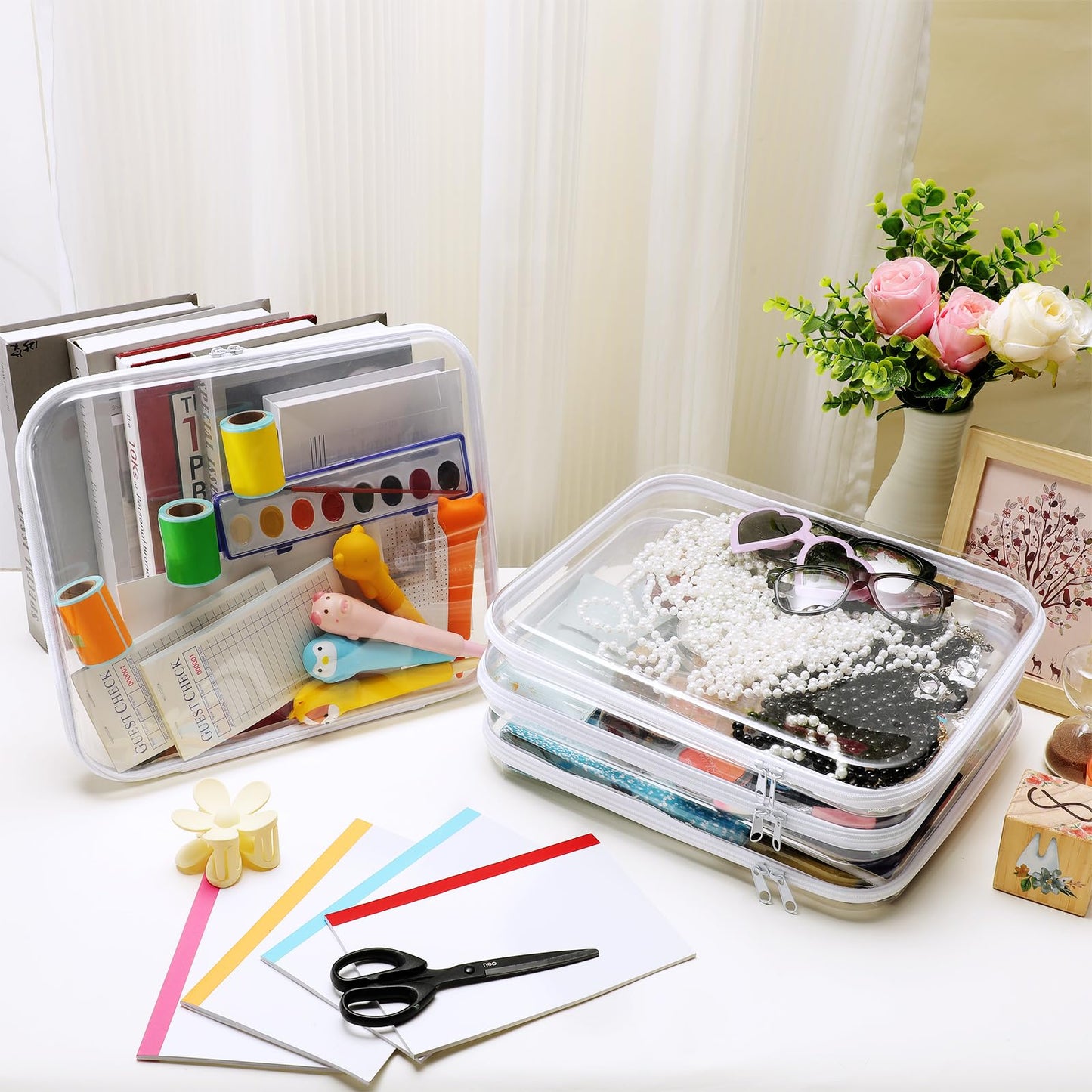 Hoolerry 4 Pcs Hard Clear Zipper Case Makeup Bags Plastic Zipper Pouch Transparent Storage Box Containers for Cosmetics, Snacks, Building Blocks, Puzzles(Clear,13.8 x 11.8 x 2 in,White)