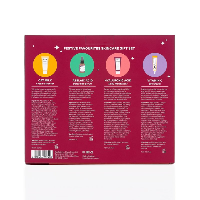 Q+A Festive Favourites Gift Set, containing a Hyaluronic Acid Moisturiser (75ml), an Oat Milk Cream Cleanser (75ml), an Azelaic Acid Serum (30ml), and a Caffeine Eye Serum (15ml)