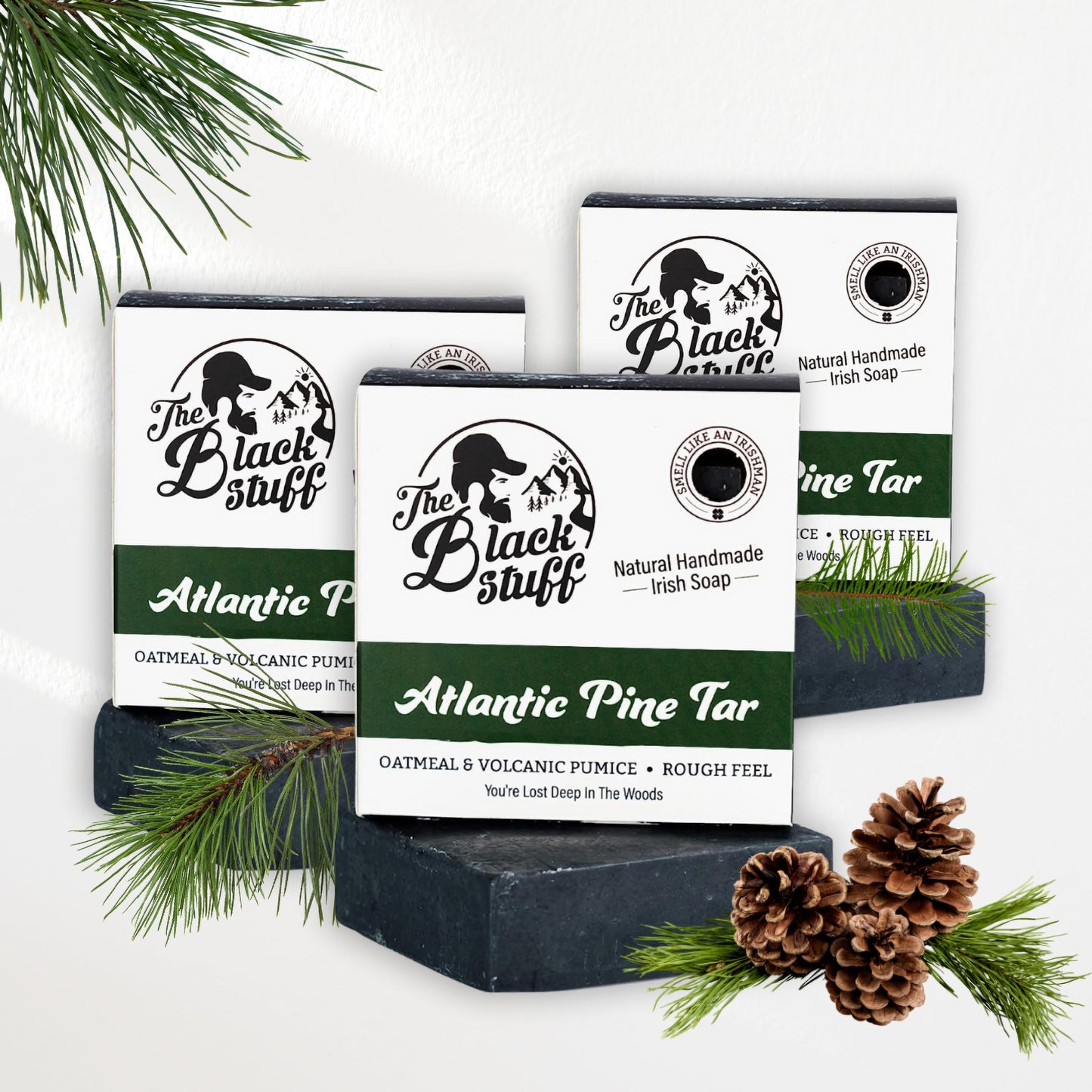 The Black Stuff All Natural Bar Soap for Men Handmade Cold Process Soaps with Organic Ingredients and Essential Oils - Mens Soap for Daily Use, Atlantic Pine Tar (3 Packs)