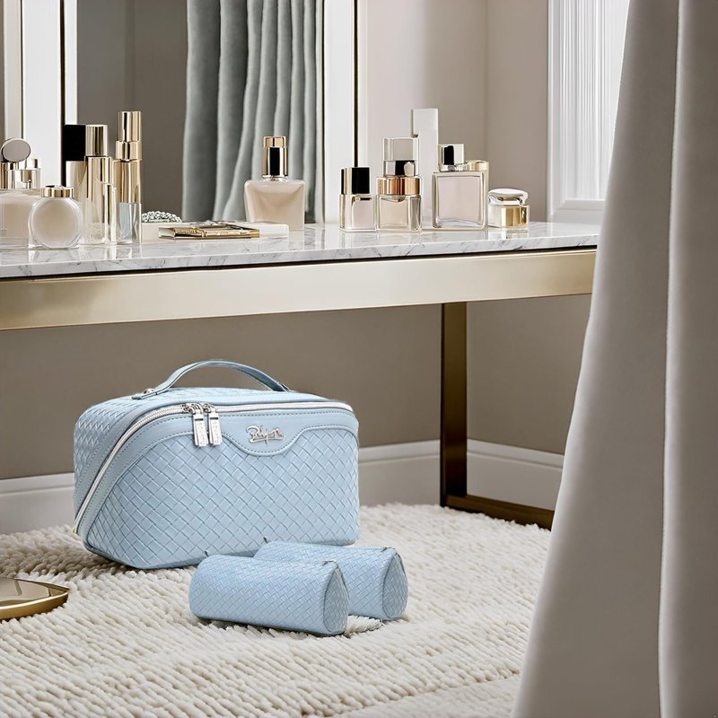 BOYATU Travel Makeup Bag Cosmetic Bags for Women: Large Capacity 3 Pcs Set Make up Bag with Compartments - Waterproof Vegan Leather Toiletry Organizer Bags with Handle (L04 Light Blue)