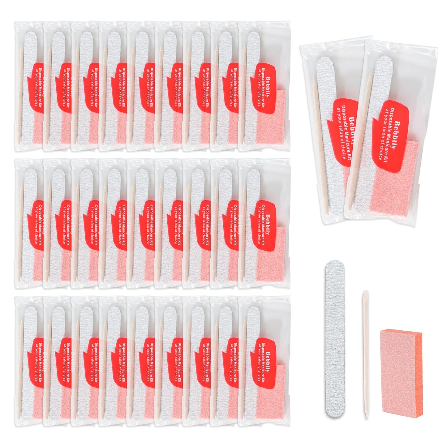Disposable Manicure Kit Sets, 3 in 1 Nail Salon Manicure Set Professional, Nail File, Mini Buffer, Wood Stick, Individually Package for Salon Home (Count, 50, 80/100 Grit)