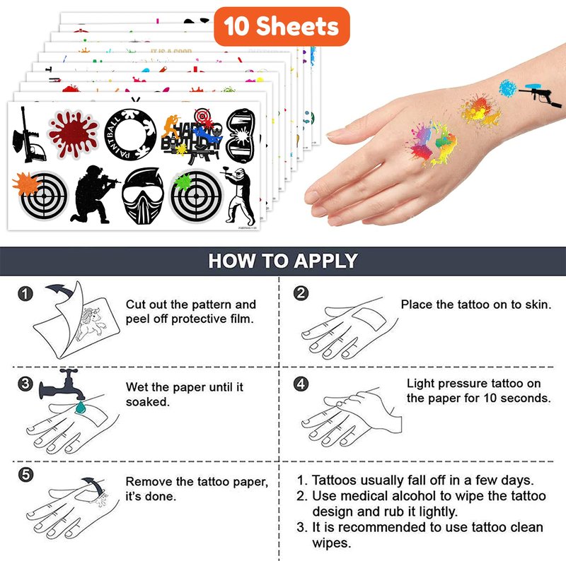 100 PCS Paintball Temporary Tattoos (10 Sheets) - Gun Shooting Themed Birthday Party Decorations & Favors, Cute Stickers Gifts for Boys, Girls, Class, School Carnival