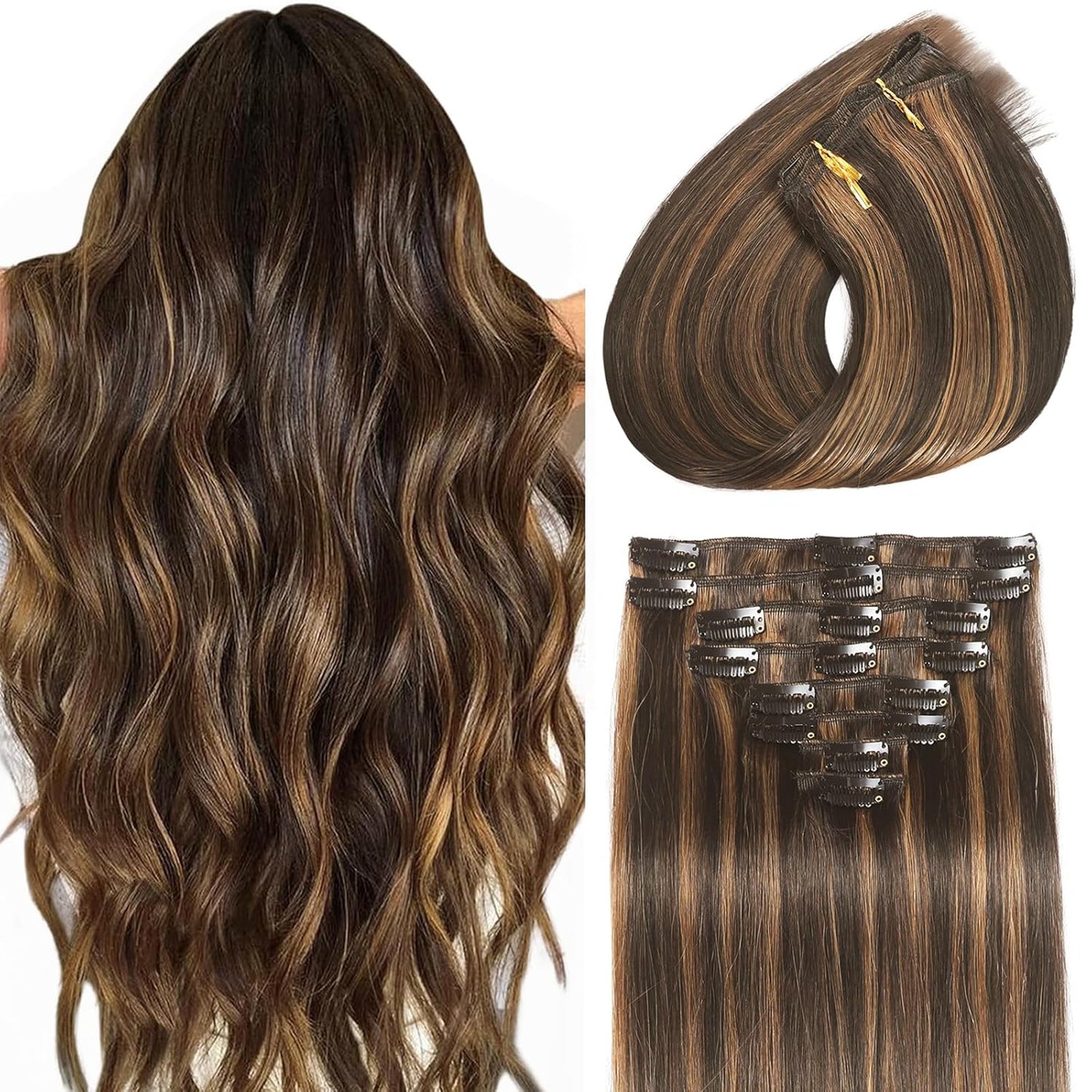 Clip In Hair Extensions - Real Human Hair Seamless Balayage | 16 Inch, 8 Pcs, Dark Brown & Chestnut Highlights