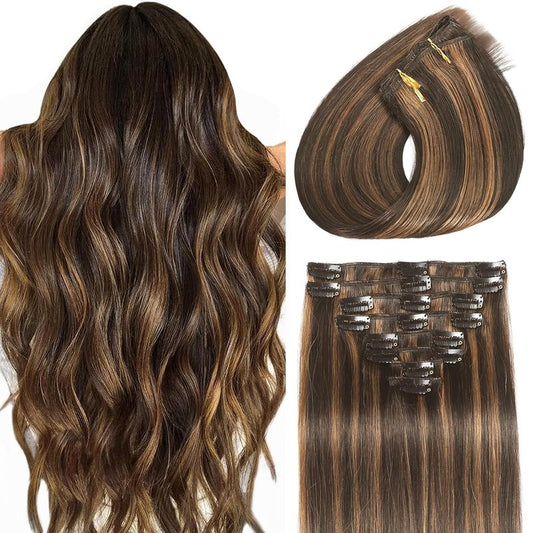 Clip In Hair Extensions - Real Human Hair Seamless Balayage | 16 Inch, 8 Pcs, Dark Brown & Chestnut Highlights