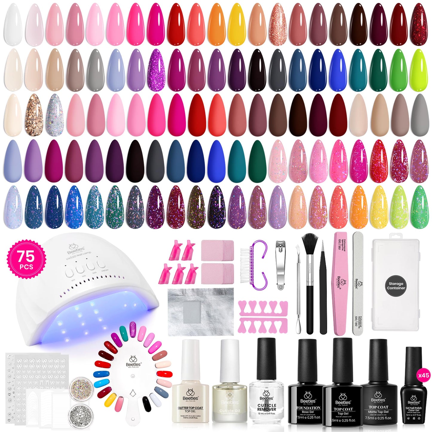 Beetles Gel Nail Kit with U V Light - 75PCS Chic Outfits 45 Colors Gel Nail Polish Set All Season Nail Kit with 5PCS Base Top Coat Soak Off at Home Nails Kit Perfect Manicure Tool Set Gifts for Women