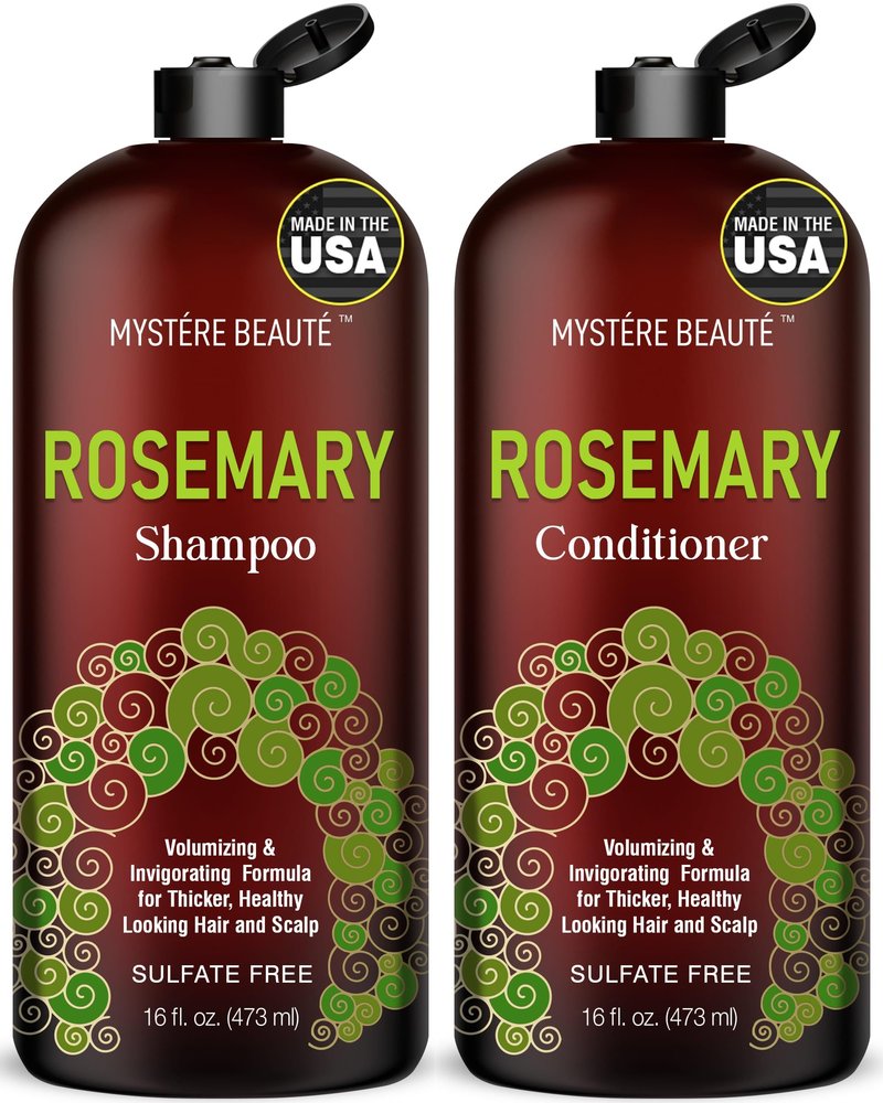 MYSTÉRE BEAUTÉ Rosemary Shampoo and Conditioner Set for Hair Growth - 16 oz Each - Sulfate Free with Biotin, Keratin & Argan Oil - Strengthens, Thickens & Reduces Thinning for Men and Women