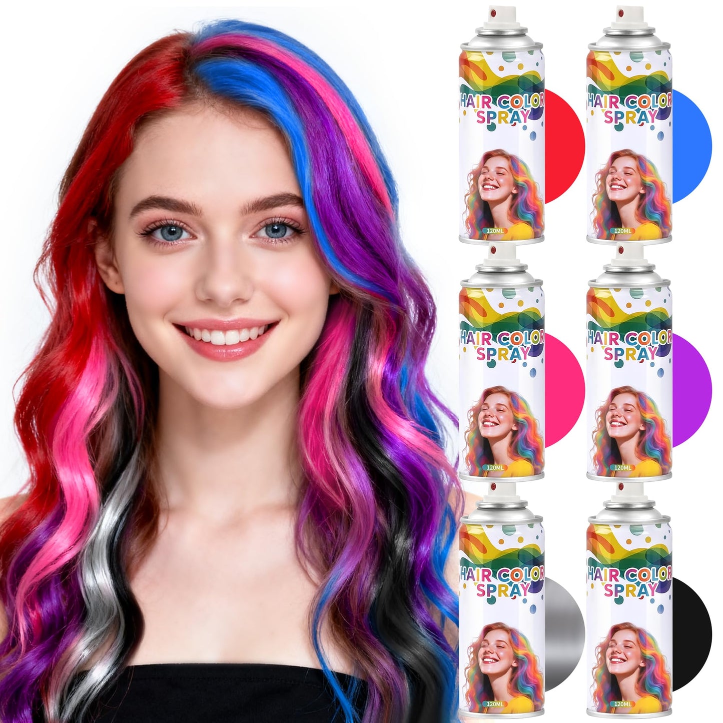 6 Pack Hair Spray,Purple red pink black blue and gray hair spray temporary for Women Kids Men, Washable Temporary,For Cosplay Christmas Party