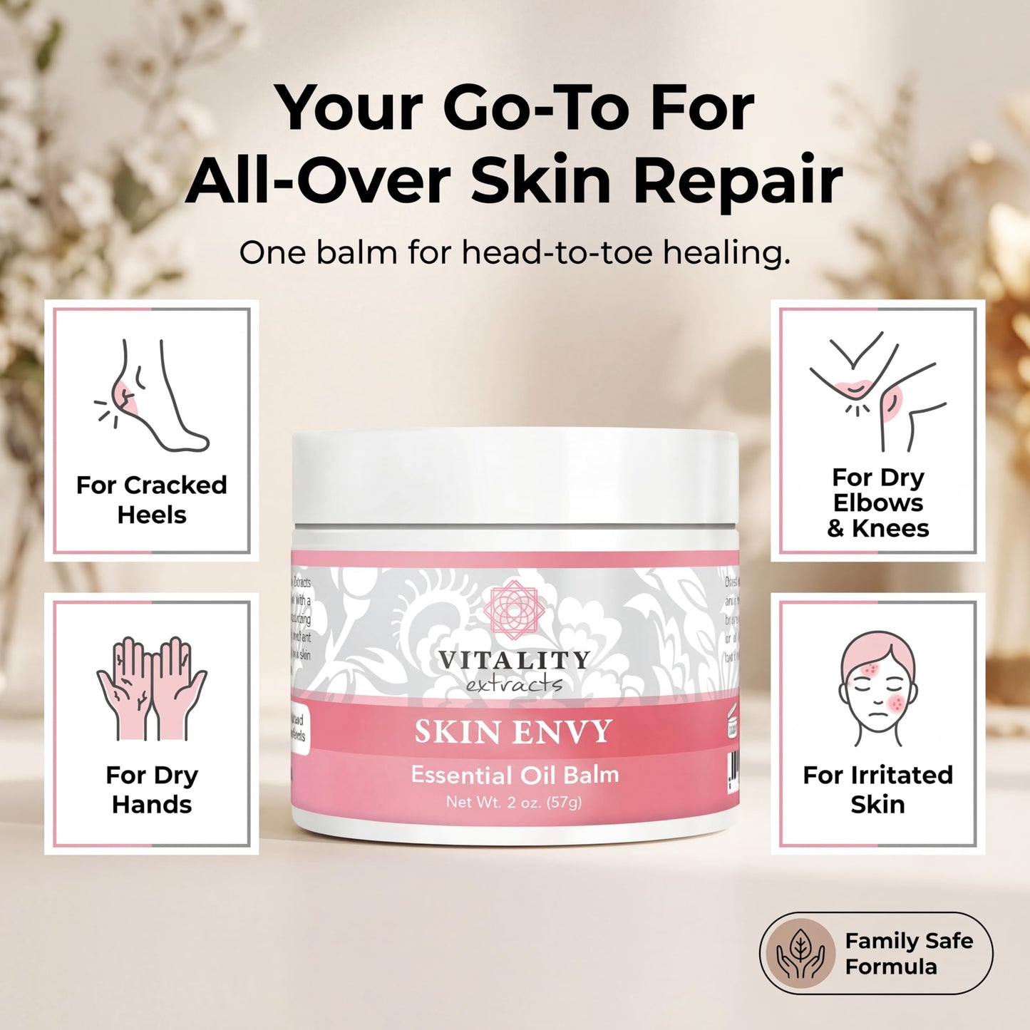 Vitality Extracts Skin Envy Balm - Moisturizer, Beeswax, Vitamin A, Skin Care, All Natural, Coconut Oil