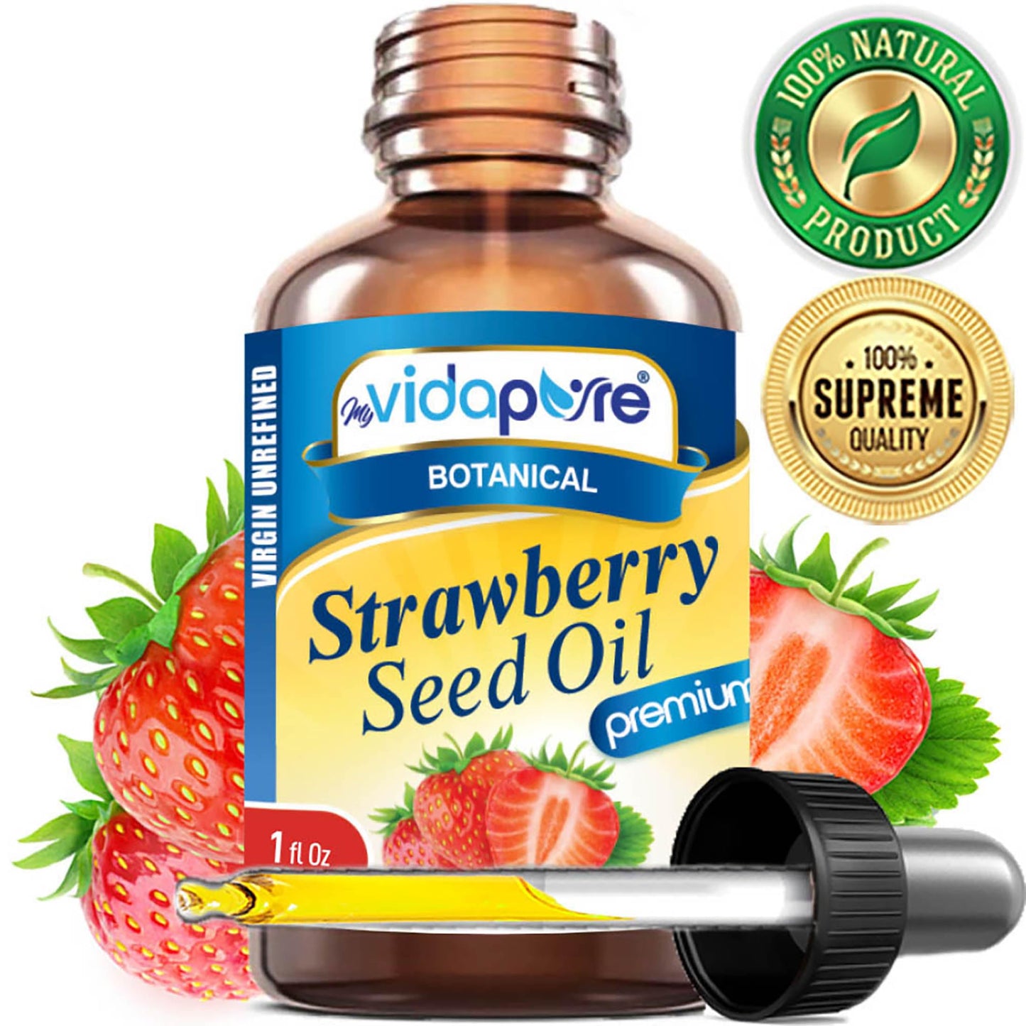 MYVIDAPURE STRAWBERRY SEED OIL 100% Pure Unrefined Virgin Cold Pressed. Moisturizer for Face, Skin, Hair, Nails, Scars, Anti Aging Omega 6 Vitamin C (1 Fl Oz)