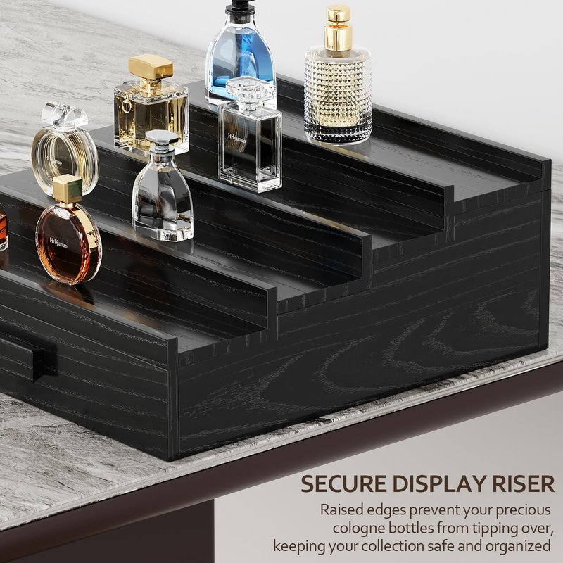 Hrbjunuo Solid Walnut Cologne Organizer for Men, 4 Tier Cologne Stand, Wooden Cologne Holder Display Shelf with Drawer Storage and Hidden Compartment, Black Perfume Stand Organizer, Gifts for Men