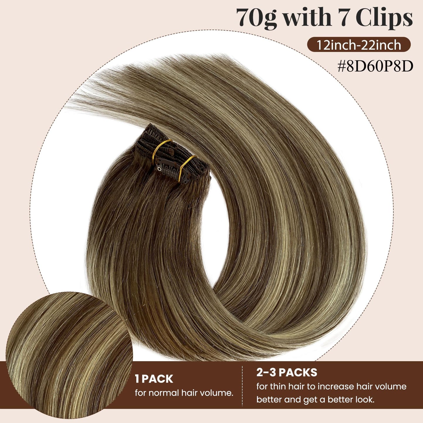 Clip in Hair Extensions Real Human Hair 16 inch Ombre Brown Mixed Honey Blonde Highlight Long Seamless Clip in Hair Extensions for Women Clip in 70G
