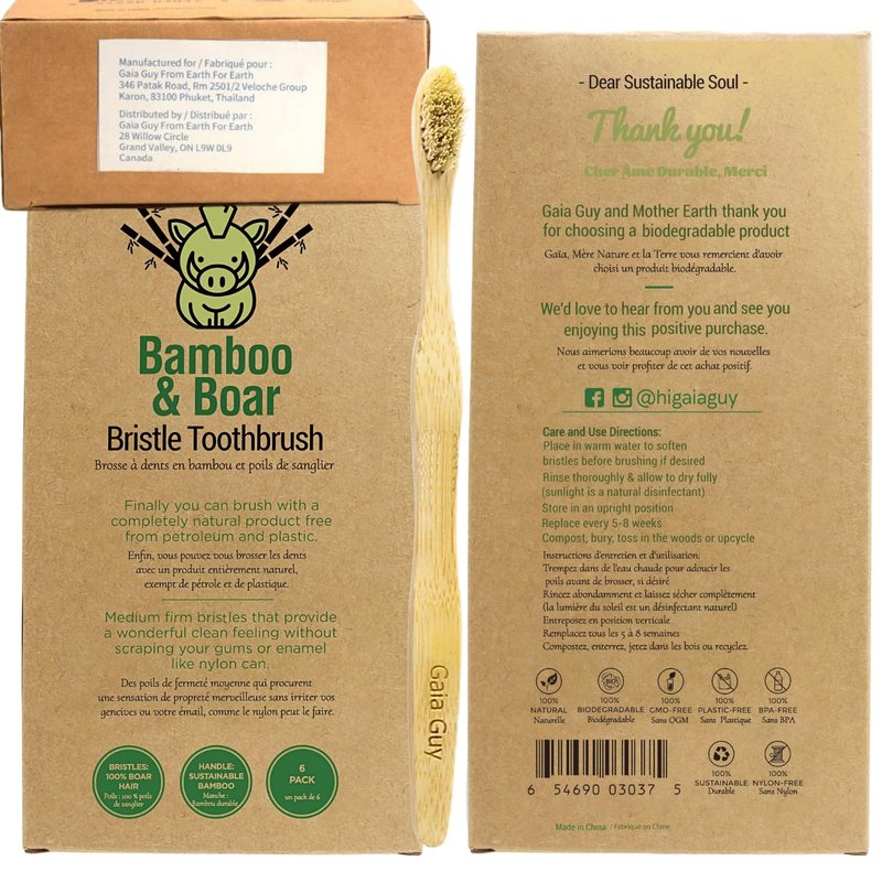 Gaia Guy Natural Bristle Bamboo Toothbrush with Boar Bristles - Totally Biodegradable and Compostable - No Nylon Toothbrushes - Zero Waste 12-Pack