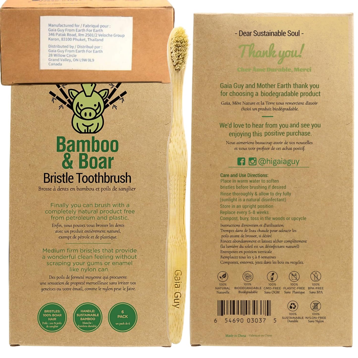 Gaia Guy Natural Bristle Bamboo Toothbrush with Boar Bristles - Totally Biodegradable and Compostable - No Nylon Toothbrushes - Zero Waste 12-Pack