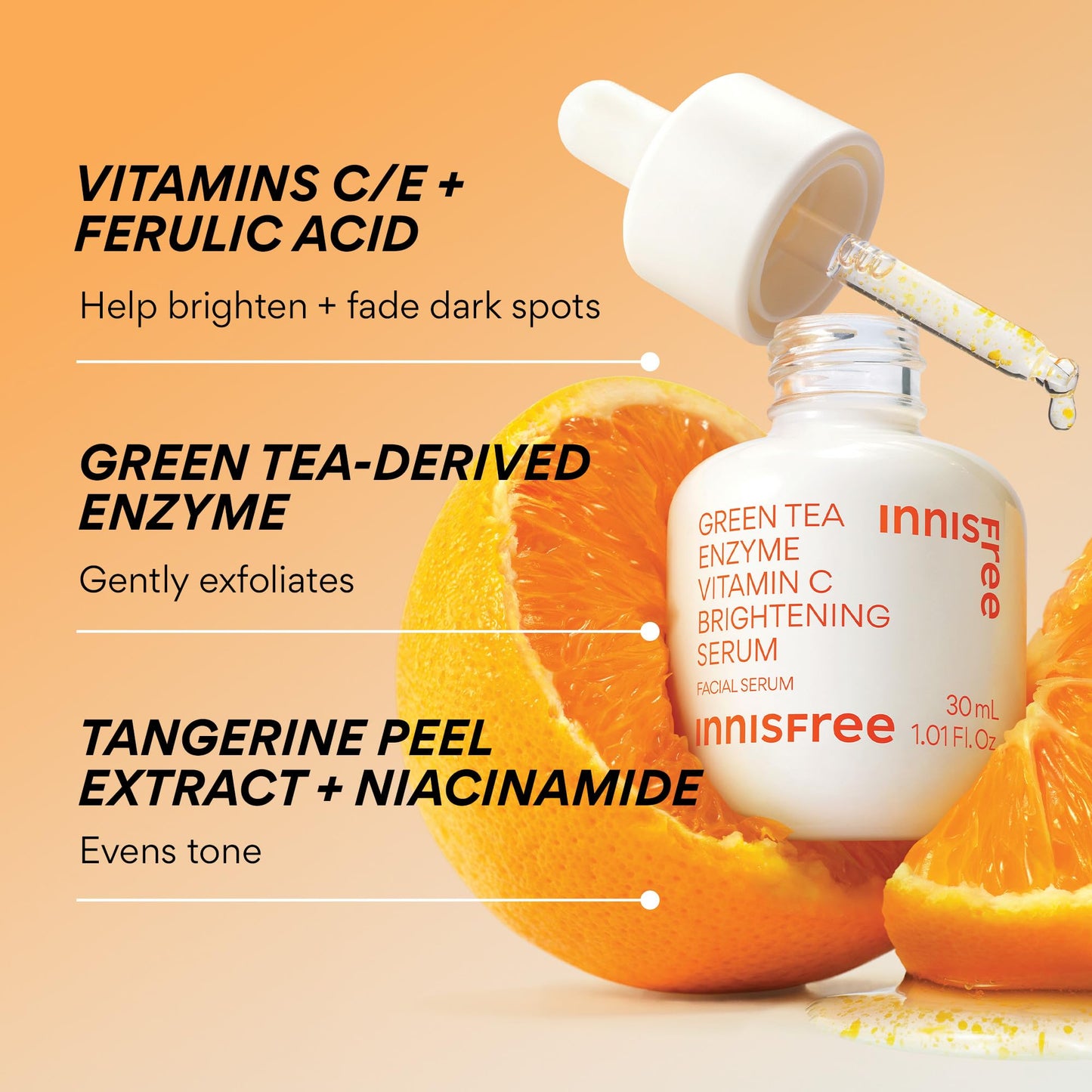 innisfree Green Tea Enzyme Vitamin C Serum for Dark Spot Fading, Korean Face Serum for Glow and Radiance