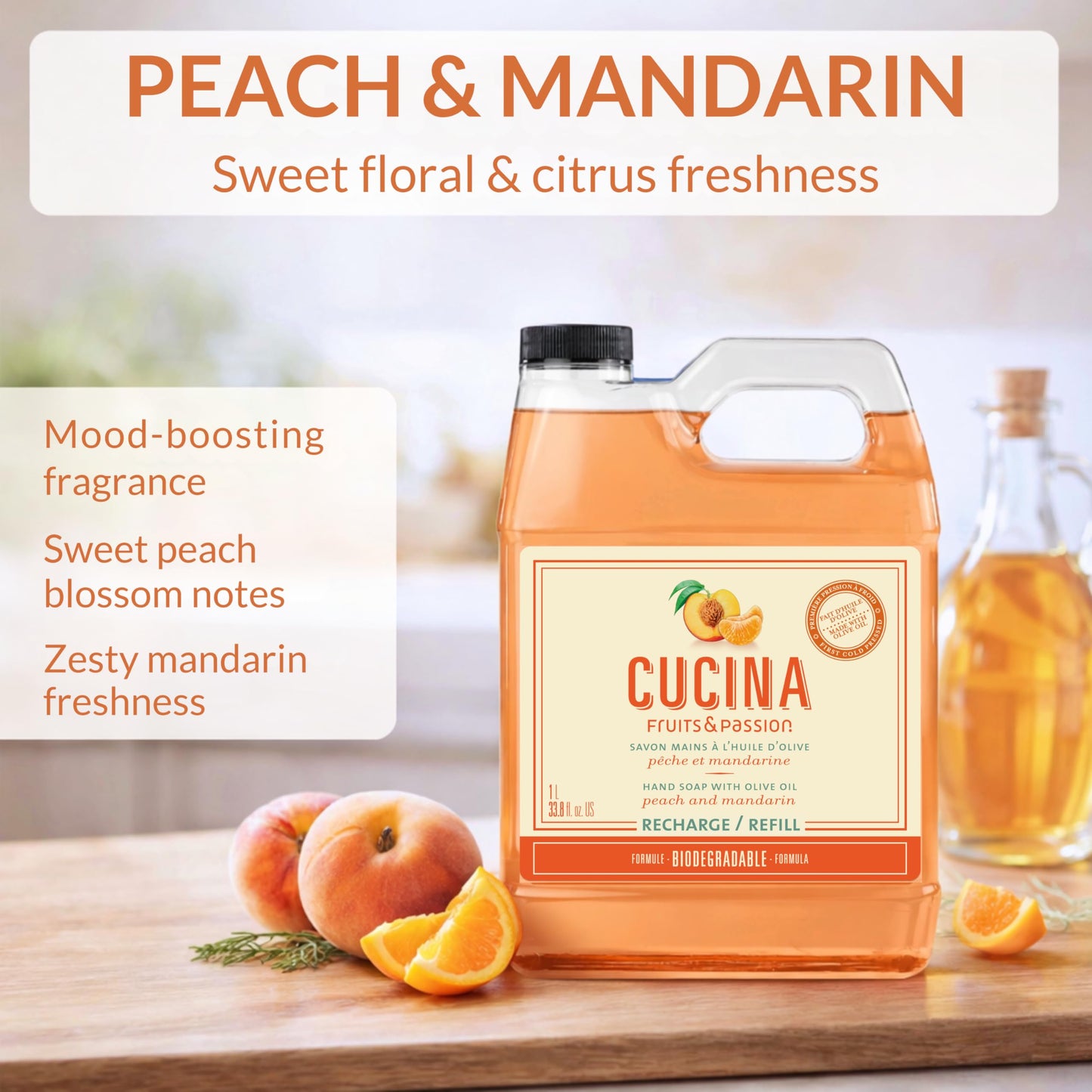Cucina Fruits & Passion Hand Soap Refill, Peach & Mandarin, 1 L (33.8 fl oz), Liquid Hand Soap with Moisturizing Olive Oil, Biodegradable, Vegan Formula, Kitchen & Bathroom
