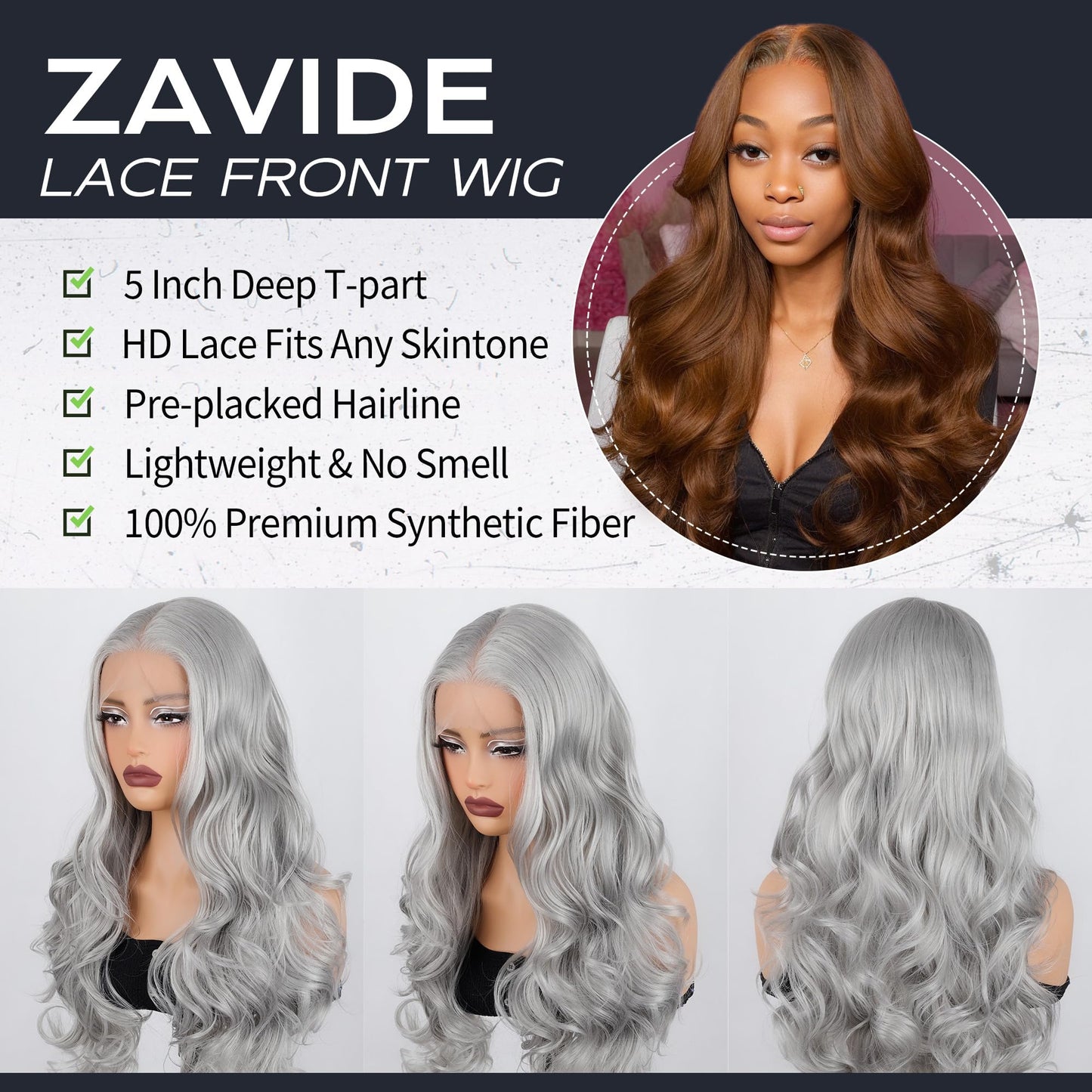 ZAVIDE Grey Body Wave Lace Front Wig Synthetic Platinum Silver Middle Part Transparent Lace Long Curly Wig For Women