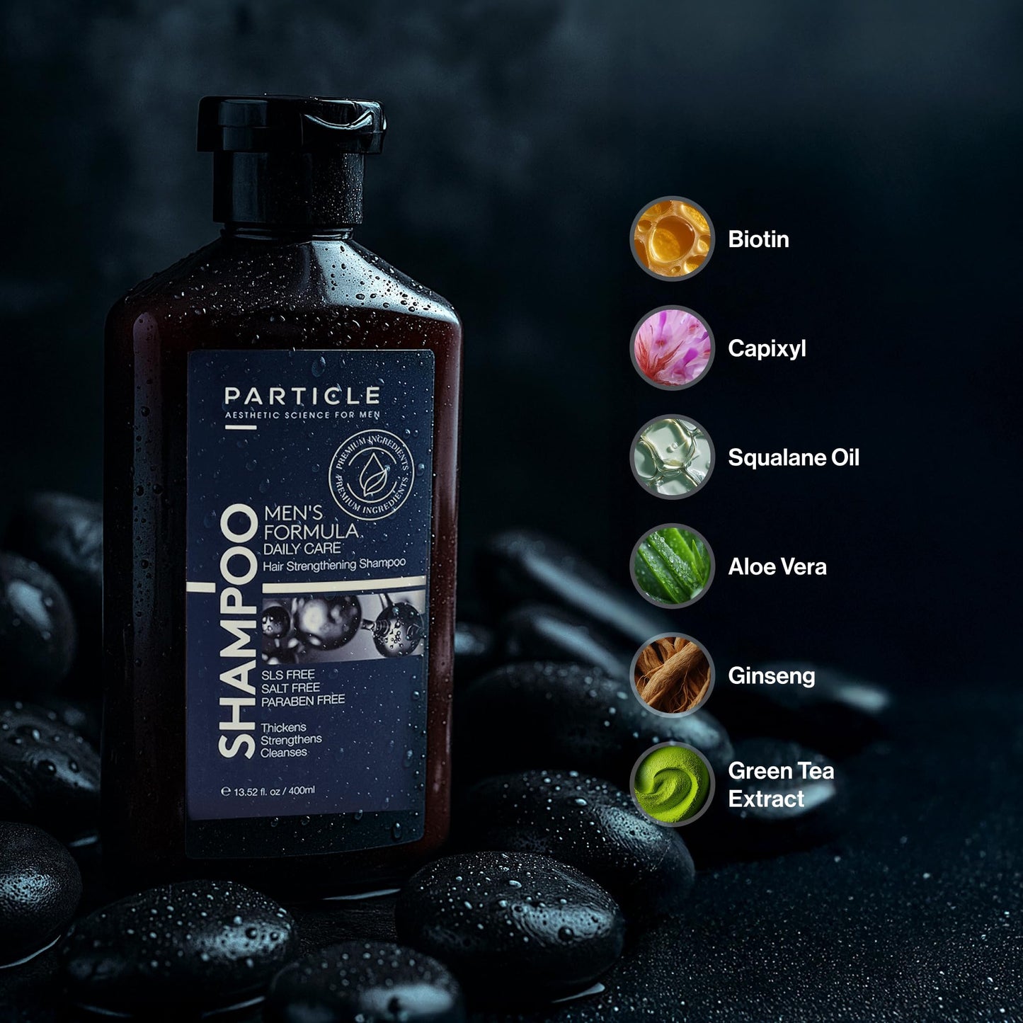 Particle Hair Thickening Shampoo for Men, Men’s Shampoo, Cleansing Formula Made with Biotin, Capixyl, Redensyl, Ginseng and Green Tea Extract for Hair Strength Support, Paraben Free, 13.52 fl.oz