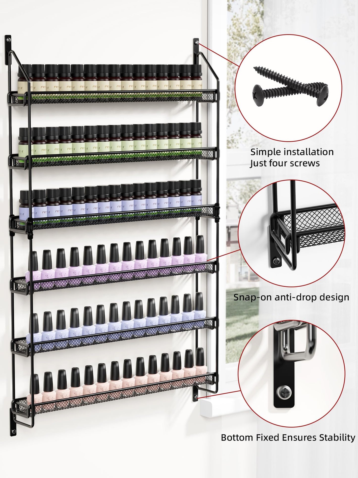 GIGIFTREE Nail Polish Organizer Wall Mounted, 6 Tier Metal Storage Rack Holds 90 Bottles, Multifunctional Organizer for Essential Oils Paint Perfume, Black