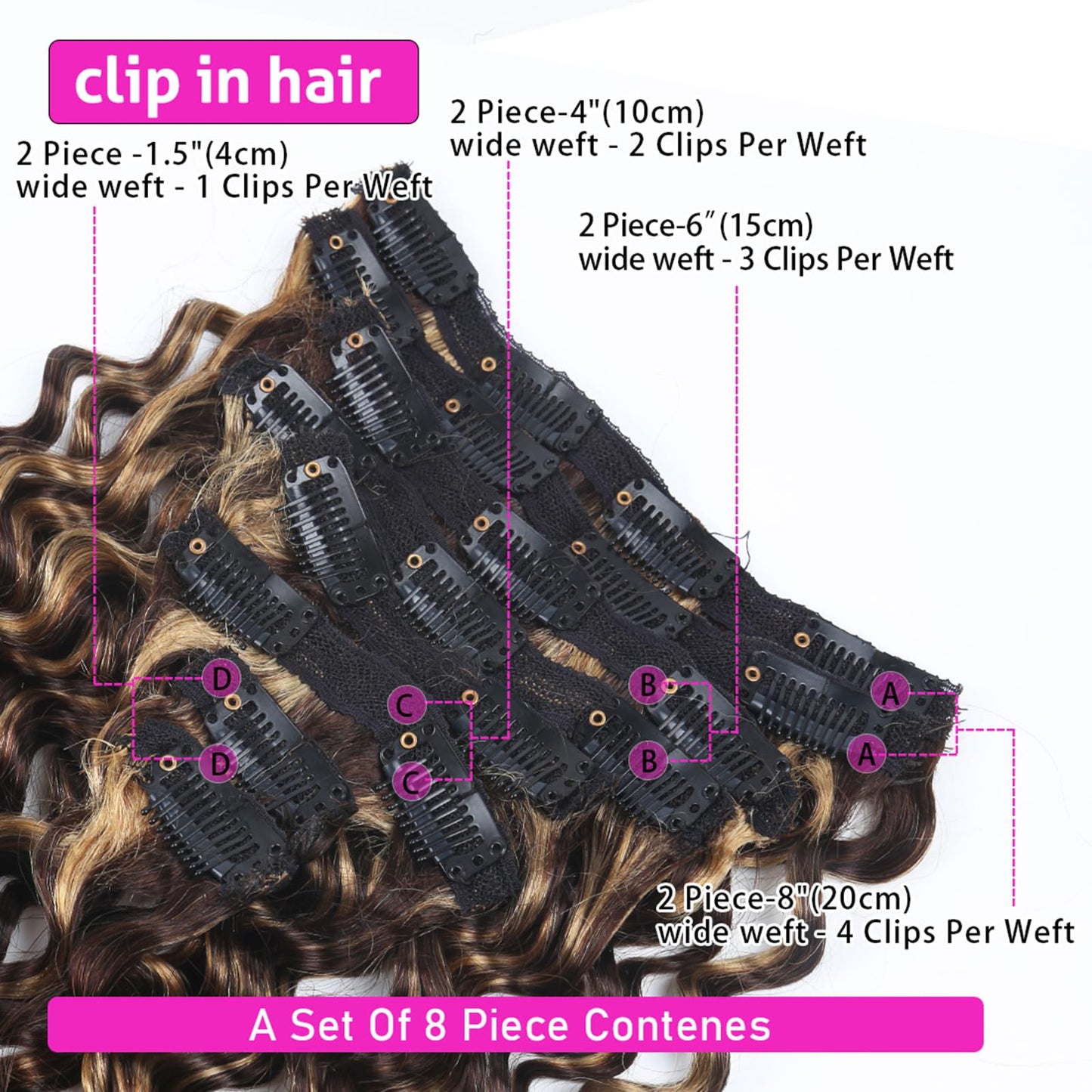 Curly Clip in Hair Extensions Real Human Hair 16inch 100g Invisible & Seamless 100% Brazilian Remy Human Extension Deep Wave Clip ins Extensions Double Weft 8 PCS with 20 Clips Highlight P427