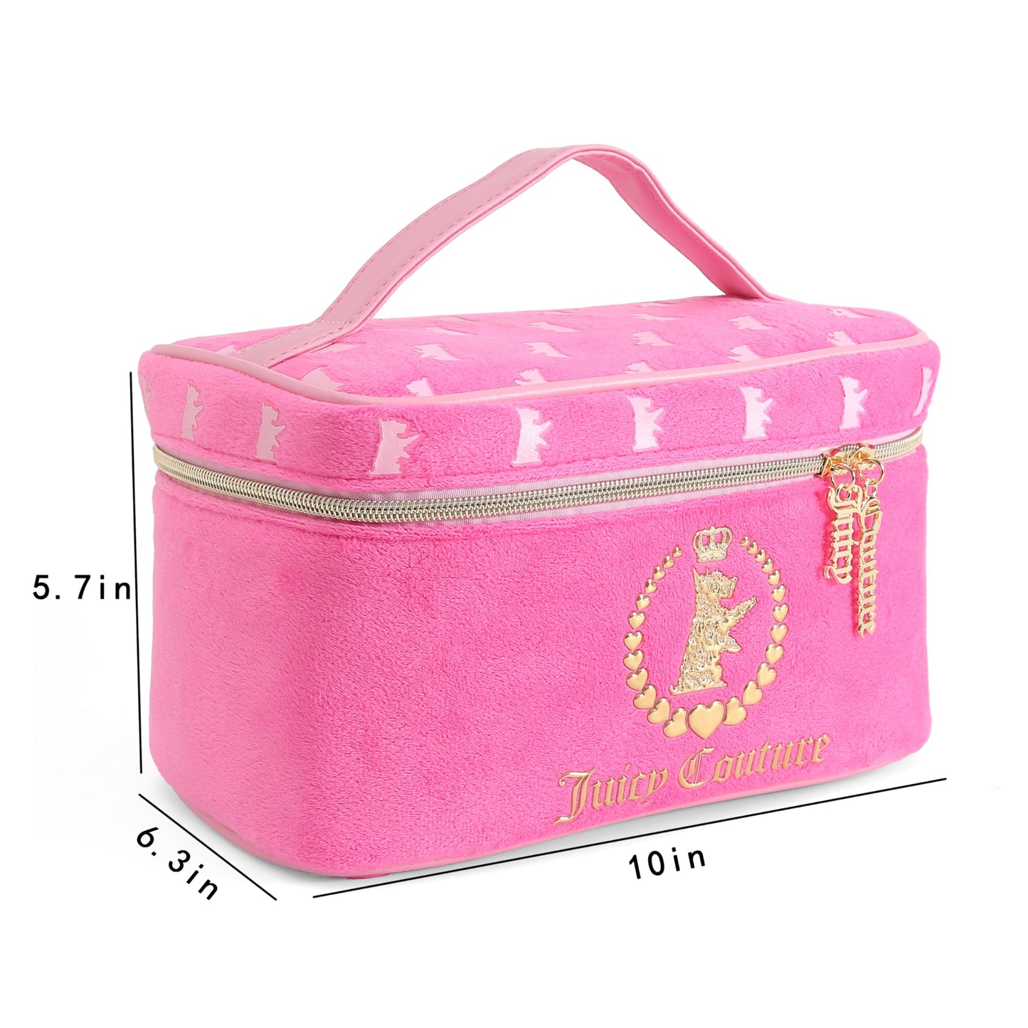 Juicy Couture Hot Pink Makeup Bag Cosmetics Organizer Travel Essentials Train Case Gold Terroir Dog Crown Velour