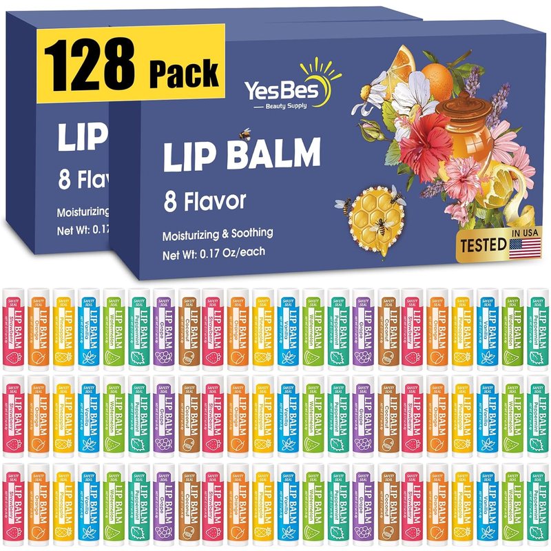 128 Pack Natural Lip Balm | Moisturizing with Vitamin E & Coconut Oil - 8 Flavors for Dry Cracked Lips