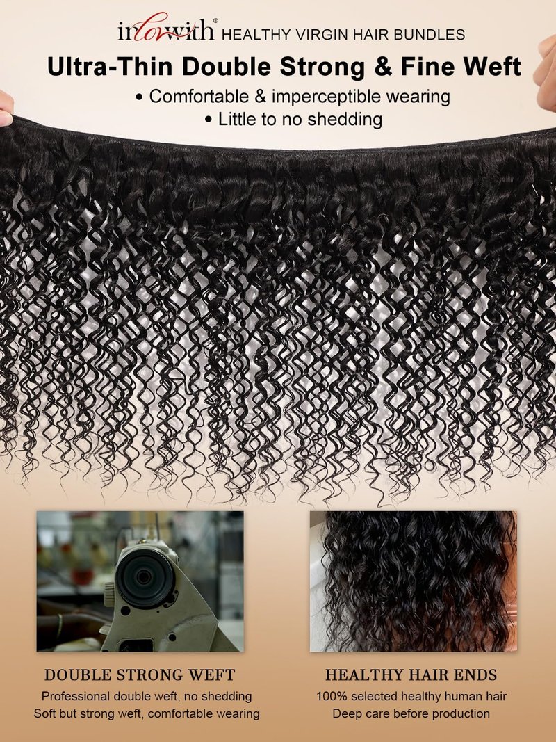 inlovwith Deep Wave Human Hair Bundles, Curly Bundles by 100% Unprocessed Indian Virgin Hair, Keep Texture Wet and Wavy After Multiple Washes(Single Bundle, 16 Inches)