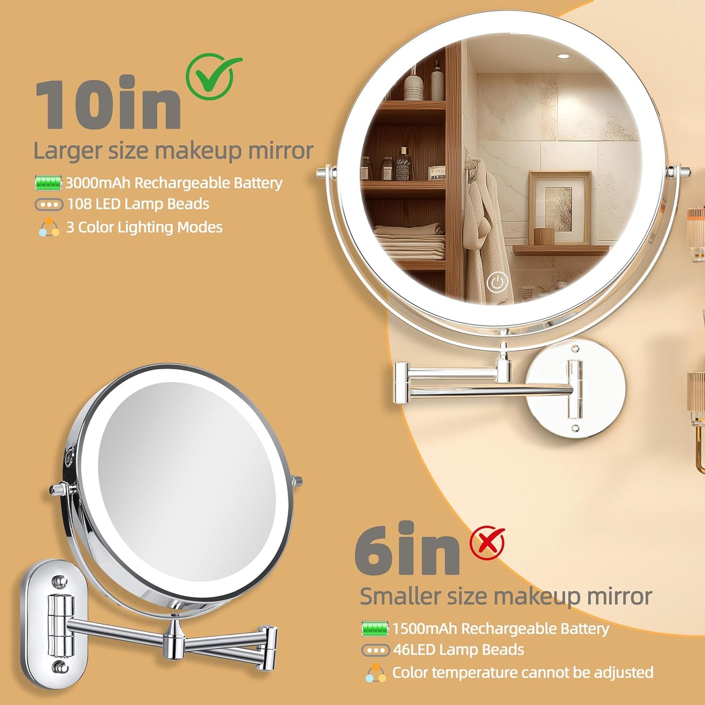 Wall Mounted Makeup Mirror with Light - 10” Double-Sided 1X/7X Magnification | Dimmable 3-Color Touch Control, 360° Rotation