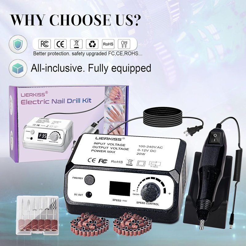 Electric Nail Drill - 35000RPM Professional File with 100 Sanding Bands & Bits for Acrylic & Gel Manicure | Pedicure Tools
