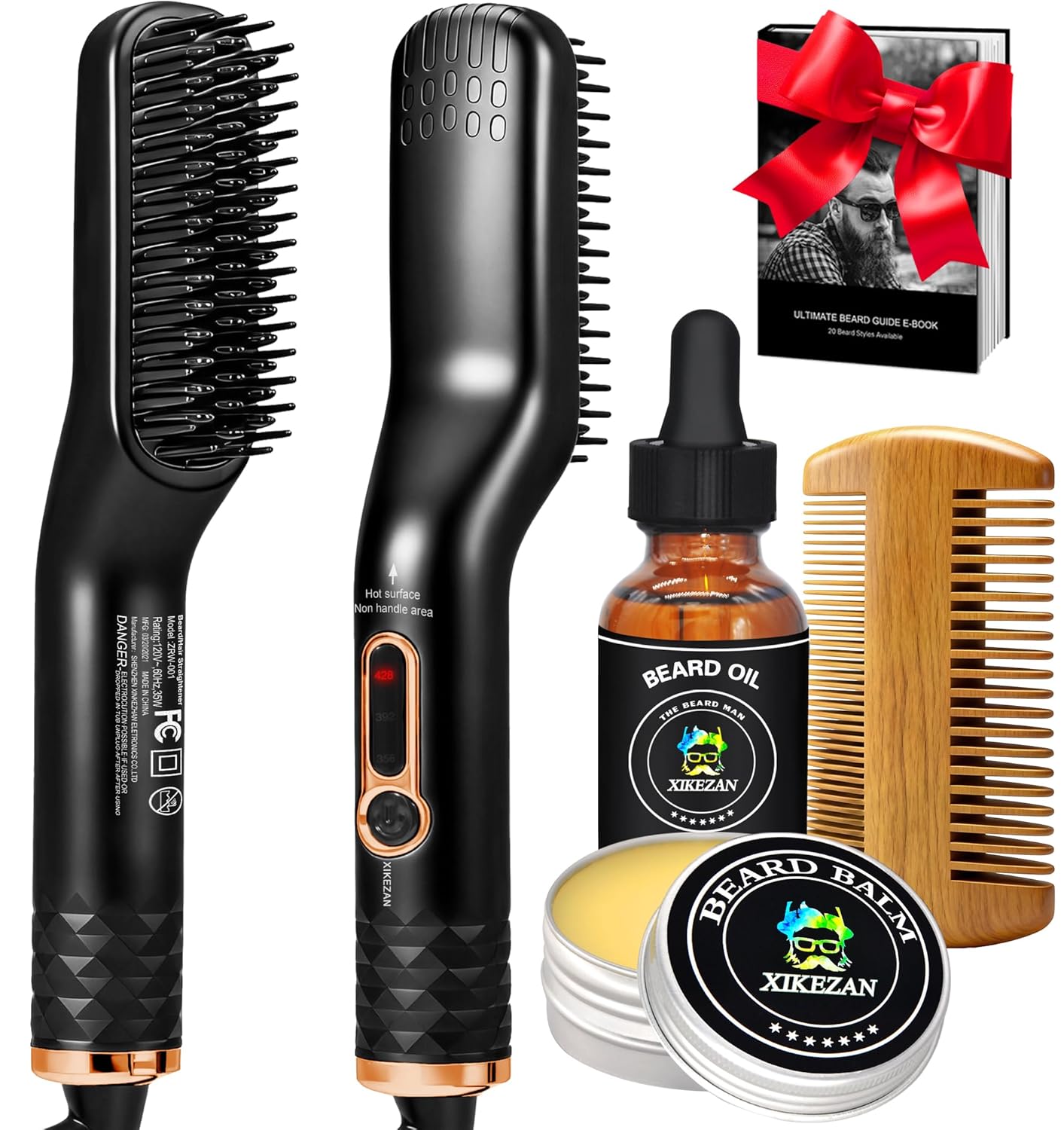 Beard Straightener for Men - Heated Brush Kit with Beard Oil & Comb | Travel-Friendly, Dual Voltage, Auto Shut-Off