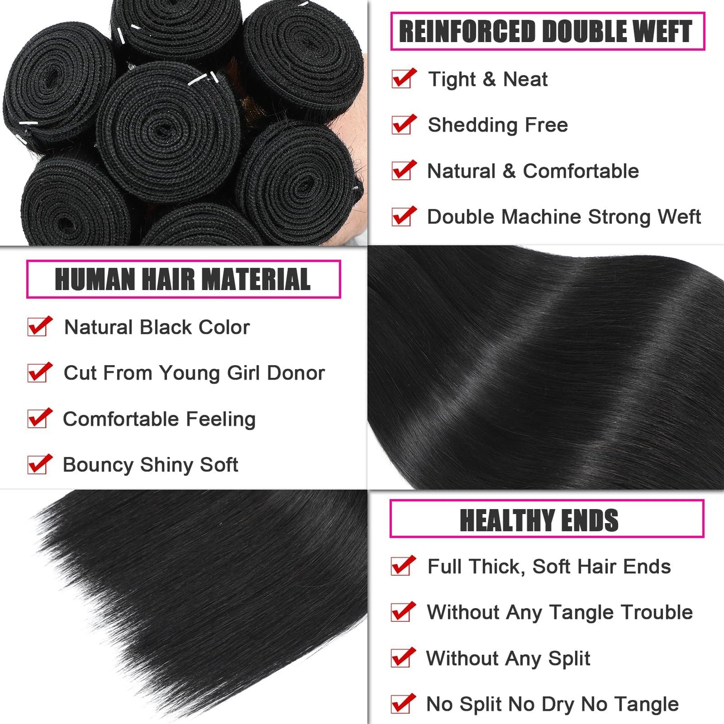 NROOEAY Straight Bundles Human Hair 24 inch 100% Unprocessed Brazilian Straight Hair Bundles 12A Remy Virgin Retain the Intact Cuticle, Long Lifespan