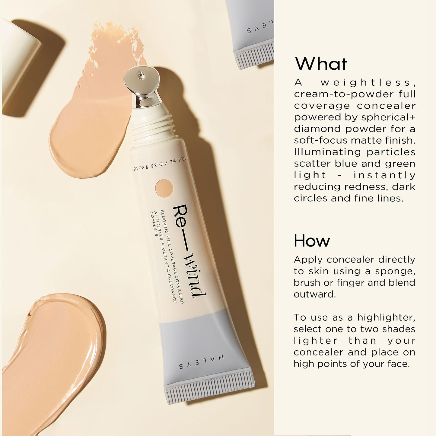 HALEYS Re-wind Concealer & Re-mix Beauty Blender Set (Tan-Warm): Full Coverage Brightening Concealer + Latex-Free Makeup Sponge, Blurring, Longwear, Non-Caking, Smooth Soft-Matte Finish