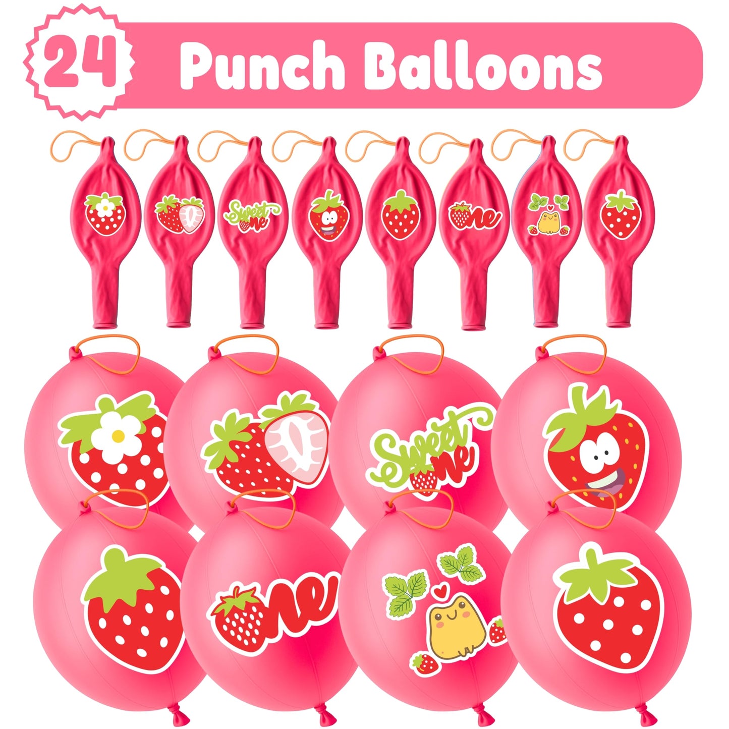 72 PCS Strawberry Party Favors - 48 PCS Temporary Tattoos & 24 PCS Punch Balloons Combo - Birthday Gifts & Goodie Bag Fillers