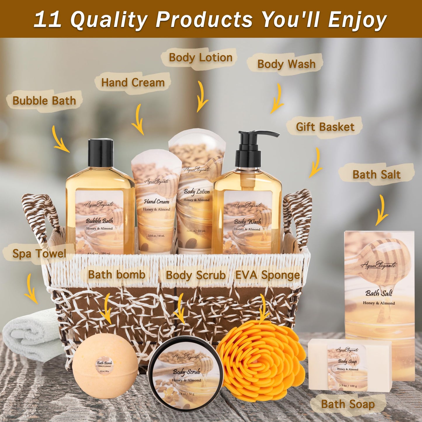 Aqua Elegante Bath Basket For Women - Deluxe Spa Set with Wash, Bubble Bath, Lotion, Salts, Body Scrub, Towel, Shower Puff, Bathbombs, Reusable Basket, Gifts for Mom, Wife, Her - Honey & Almond
