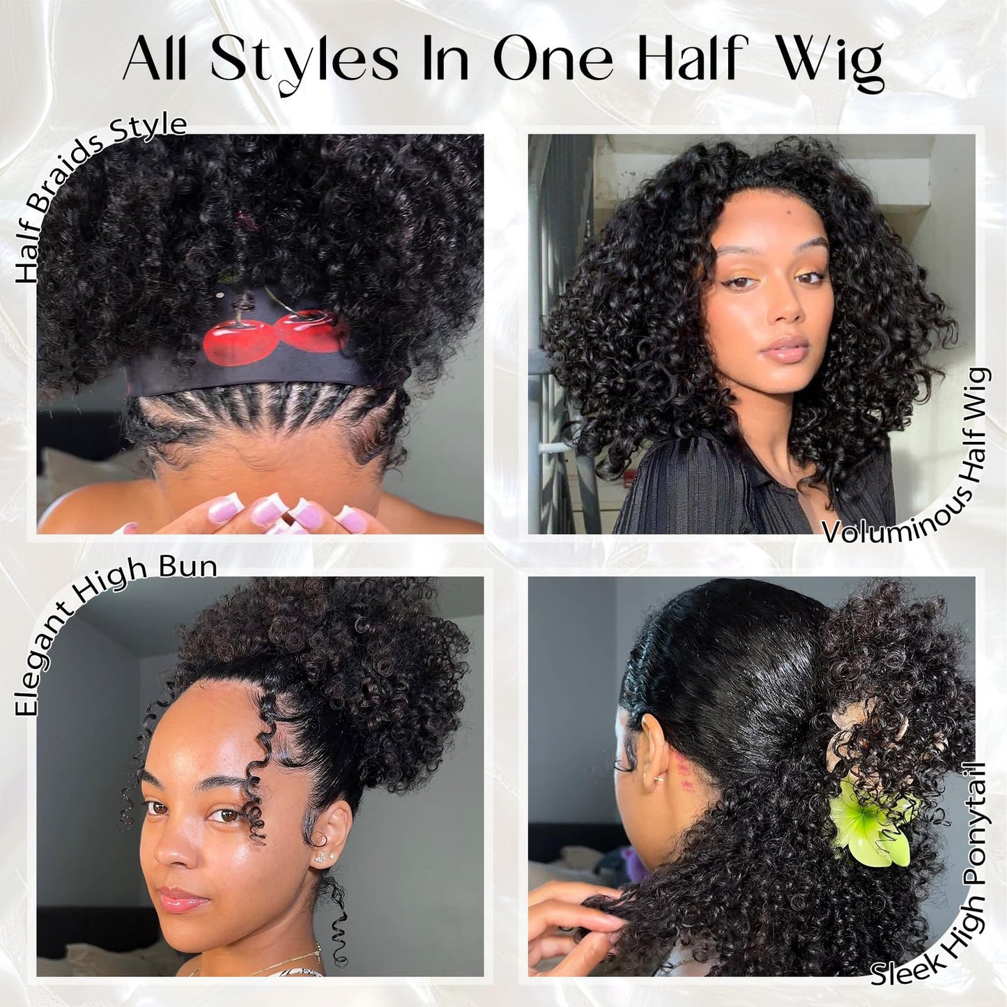 NOSTALGIA Kinky Curly Half Wig 16 Inch Curly 3 In 1 Half Wigs for Women Drawstring Seamless Flip Headband Wig Beginner Friendly Glueless Synthetic With Natural Density (Jet Black 1B)