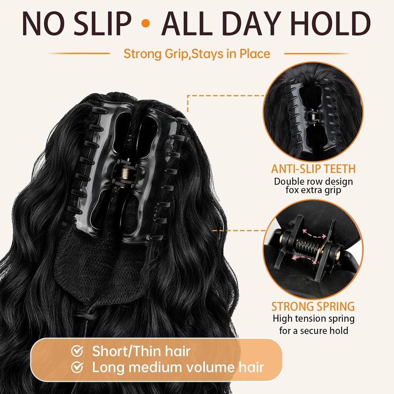 Claw Clip Ponytail Extension - Black Wavy Layered Fluffy Hairpiece for Women | Synthetic Clip-On Ponytail