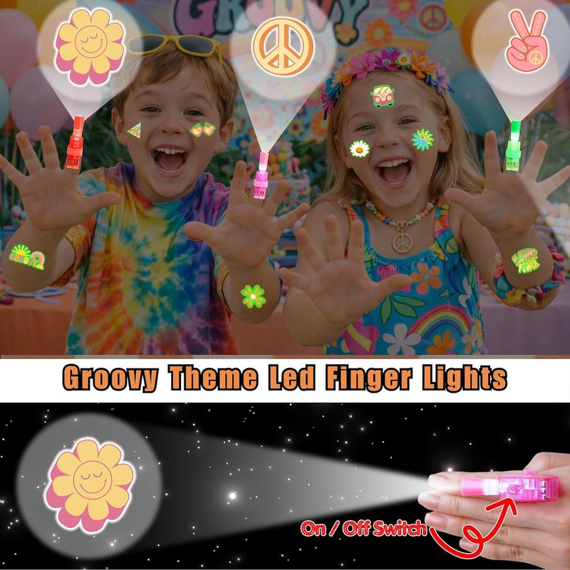 Groovy Party Favors Set - 72 PCS Tattoos & LED Finger Lights | Glow In The Dark Birthday Goodie Bag Fillers for Kids