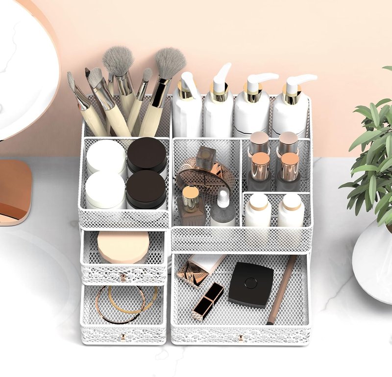 Lamesa Makeup Organizer - Large Metal Vanity Storage for Cosmetics & Skincare | White