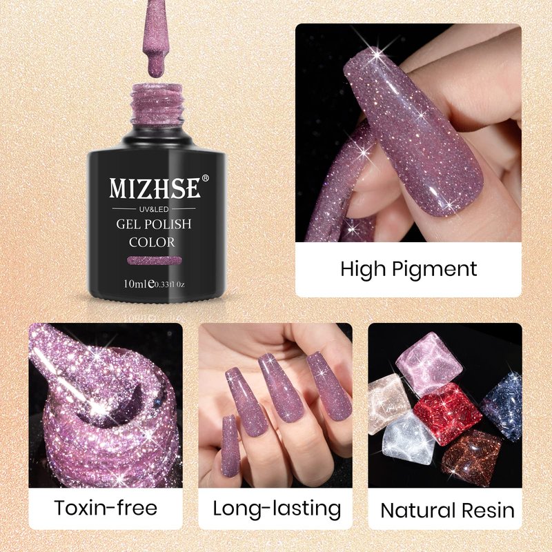 MIZHSE Reflective Glitter Gel Nail Polish, Shimmery Gel Polish Set 10ml Sparkly Shiny Gel Soak Off UV LED Nail Art Varnish Manicure Kit DIY at Home