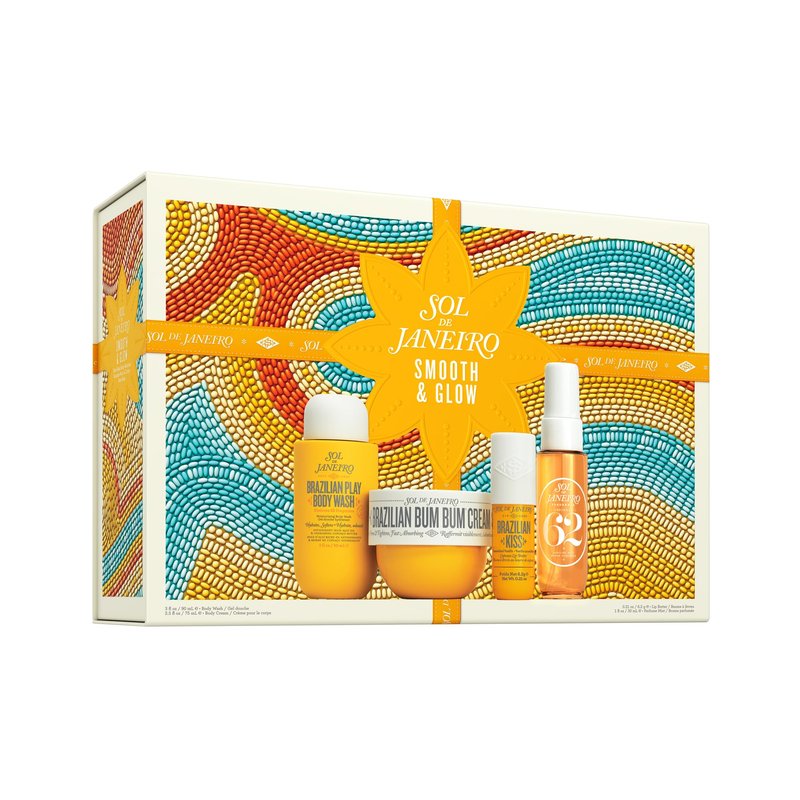 Sol de Janeiro Gift Set - Smooth & Glow Body Routine | Travel Size Bum Bum Minis including Bum Bum Cream, Brazilian Play Body Wash, Cheirosa 62 Mist, and Brazilian Kiss Lip Balm