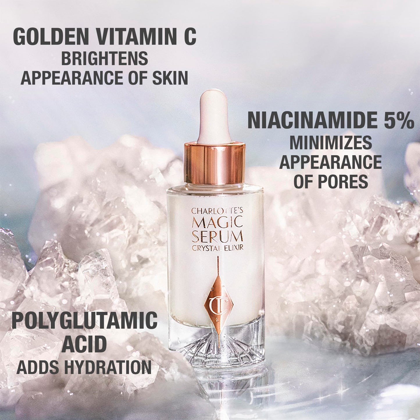Charlotte Tilbury Magic Serum Crystal Elixir - Anti Aging Skincare Set - Face Firming Peptide, Brightening Vitamin C Serum & Glow-Boosting Niacinamide - Perfect for Gifting & Makeup Pairings (8ml)