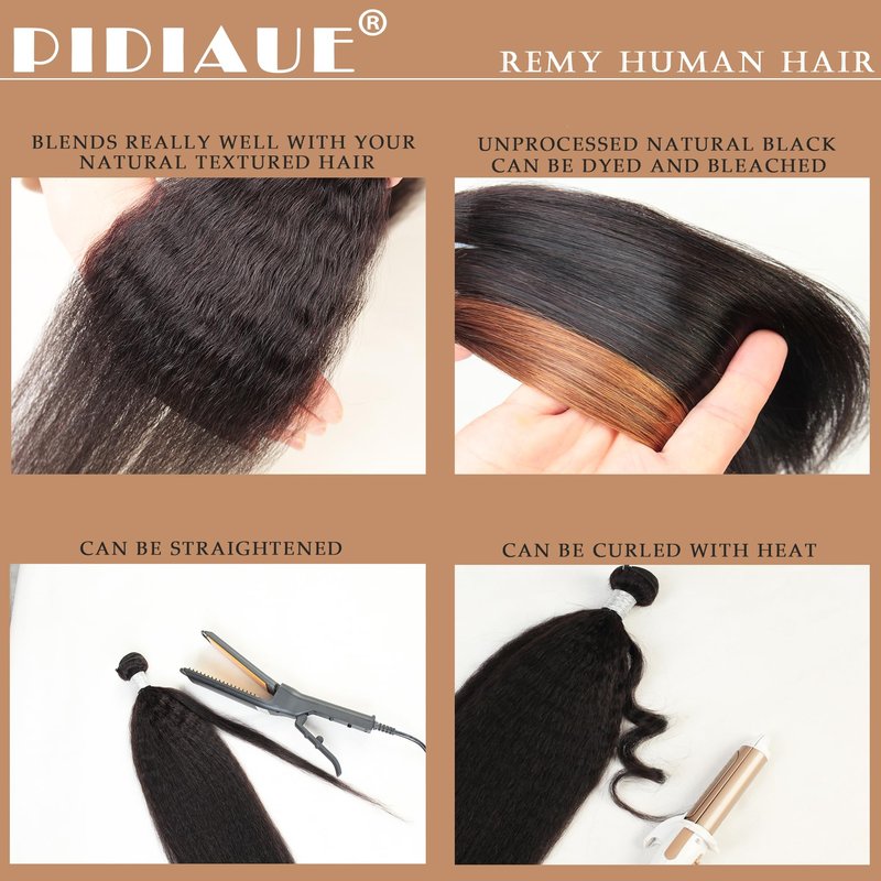 PIDIAUE Kinky Straight Bundles Single Human Hair Yaki Straight 12A Brazilian Remy Hair Weave 16 inch Real Unprocessed Virgin Hair 1 Bundles Extensions Natural Color