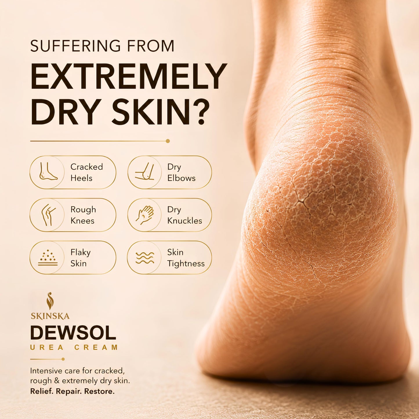 SKINSKA NATURALS Dewsol Urea Cream for Feet, Heels, Elbows & Hands With Glycolic Acid & Moisturizing Esters, Daily Use Cream for Smooth Feeling Skin - Men & Women, 1.69 fl oz